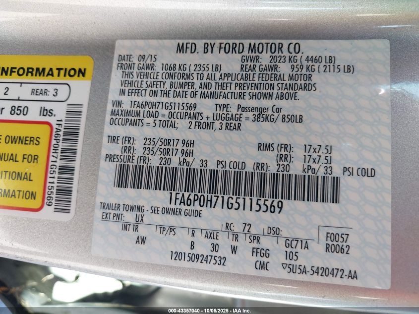 2016 Ford Fusion Se VIN: 1FA6P0H71G5115569 Lot: 43357040