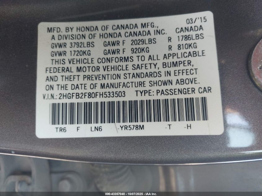 2015 Honda Civic Ex VIN: 2HGFB2F80FH533503 Lot: 43357048