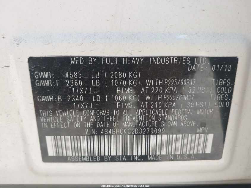 2013 Subaru Outback 2.5I Limited VIN: 4S4BRCKC2D3279099 Lot: 43357054