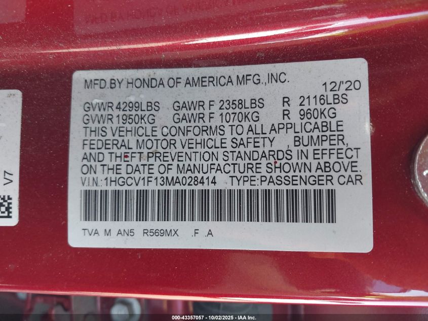 2021 Honda Accord Lx VIN: 1HGCV1F13MA028414 Lot: 43357057