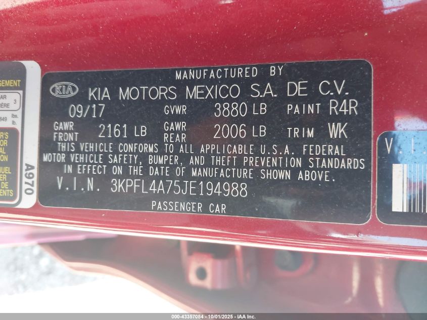 2018 Kia Forte S VIN: 3KPFL4A75JE194988 Lot: 43357084