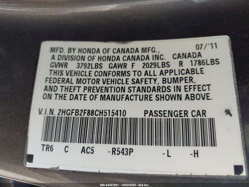 2012 Honda Civic Ex VIN: 2HGFB2F88CH515410 Lot: 43357091
