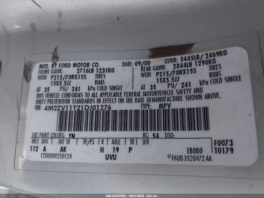 2001 Mercury Villager VIN: 4M2ZV11T21DJ01276 Lot: 43357092