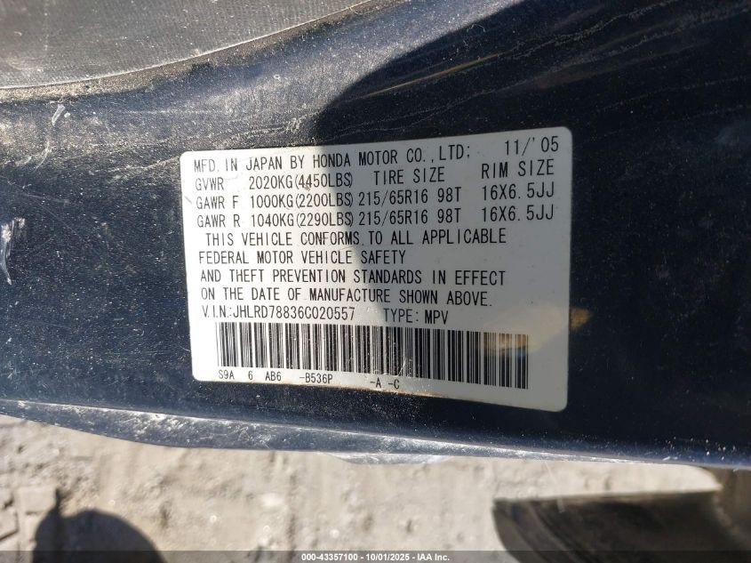 2006 Honda Cr-V Ex VIN: JHLRD78836C020557 Lot: 43357100