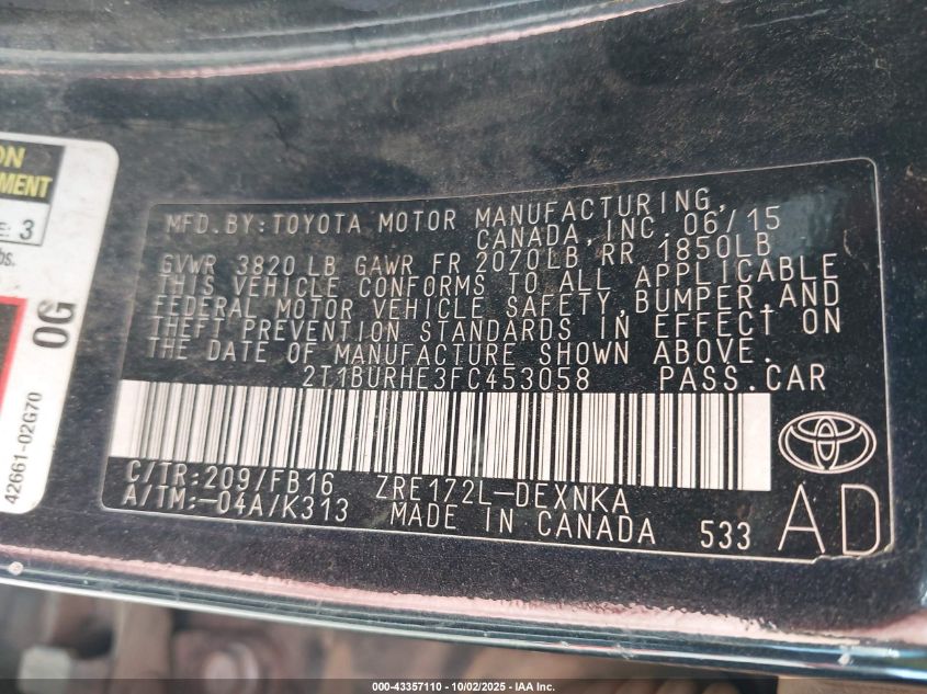 2015 Toyota Corolla Le VIN: 2T1BURHE3FC453058 Lot: 43357110