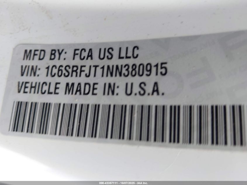 2022 Ram 1500 Laramie 4X4 5'7 Box VIN: 1C6SRFJT1NN380915 Lot: 43357111