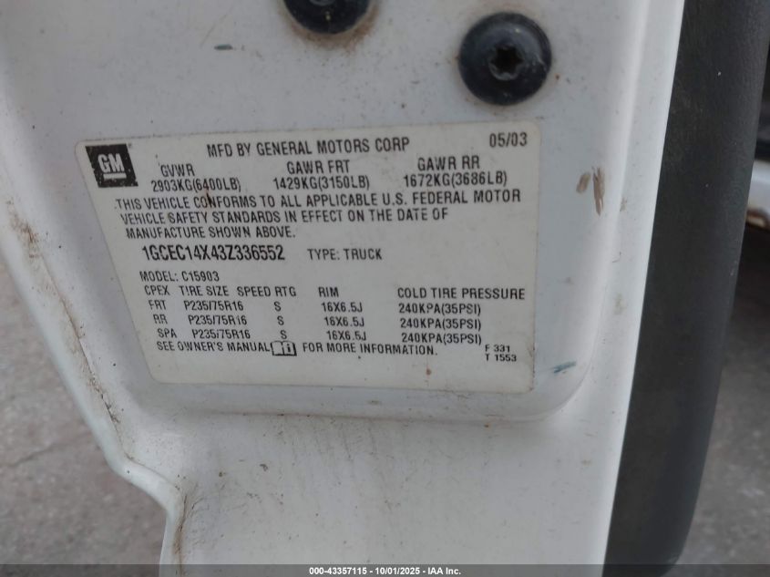 2003 Chevrolet Silverado 1500 Work Truck VIN: 1GCEC14X43Z336552 Lot: 43357115