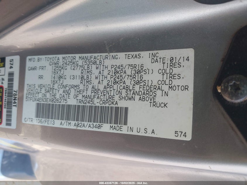 2014 TOYOTA TACOMA - 5TFUX4EN3EX026275