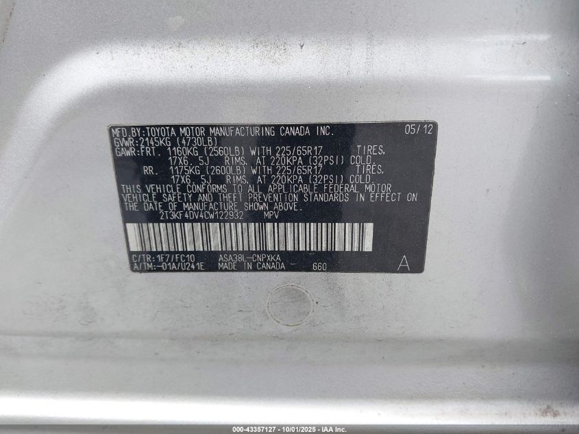 2012 Toyota Rav4 VIN: 2T3KF4DV4CW122932 Lot: 43357127