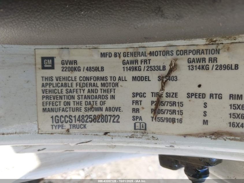 2005 Chevrolet Colorado VIN: 1GCCS148258280722 Lot: 43357128