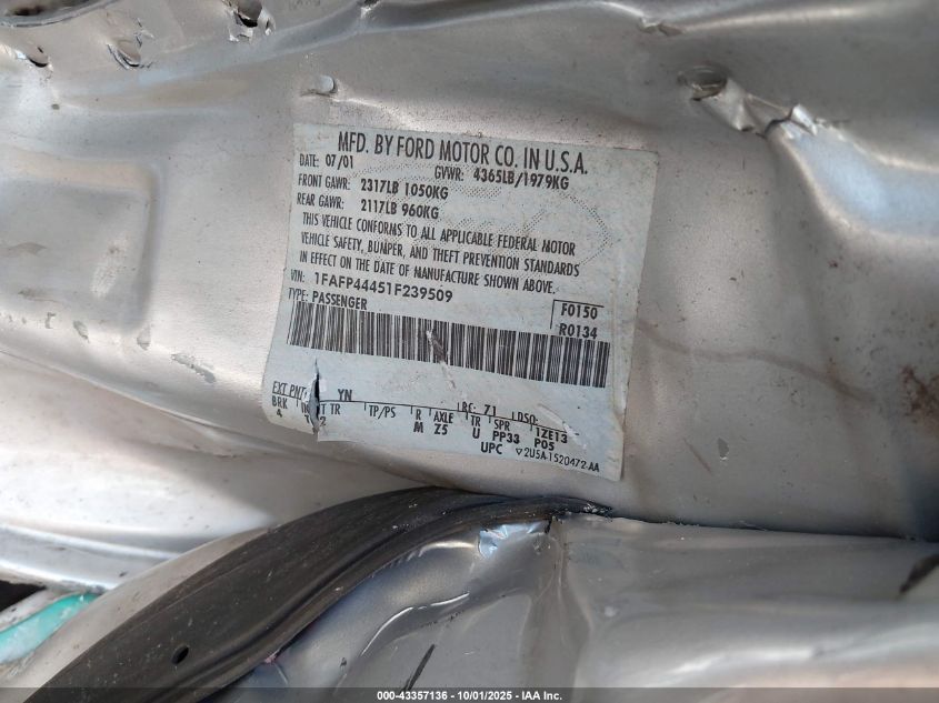 2001 Ford Mustang VIN: 1FAFP44451F239509 Lot: 43357136