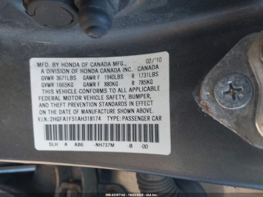 2010 Honda Civic Lx VIN: 2HGFA1F51AH318174 Lot: 43357142