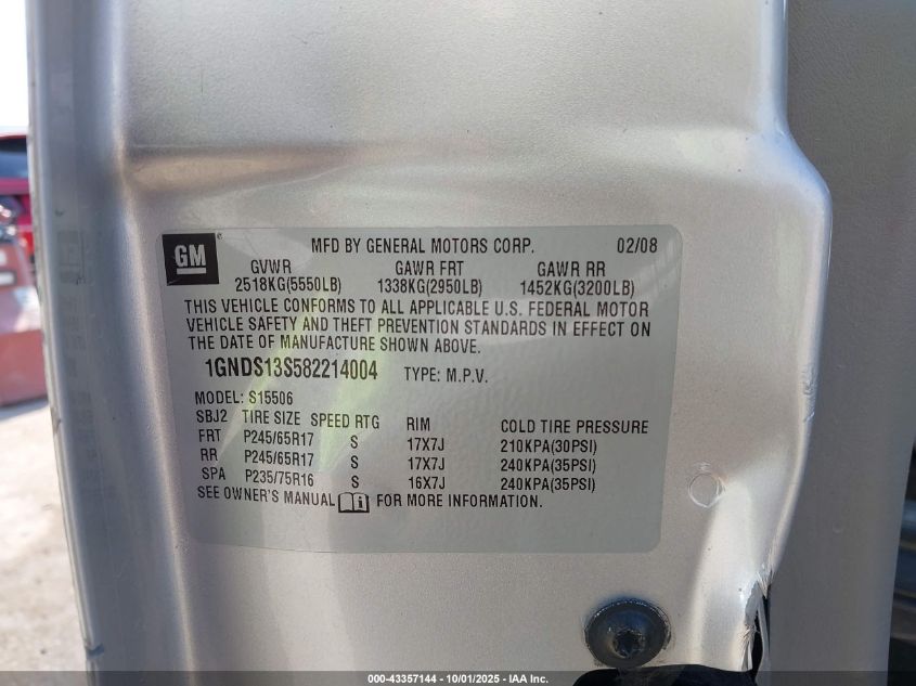 2008 Chevrolet Trailblazer Fleet VIN: 1GNDS13S582214004 Lot: 43357144