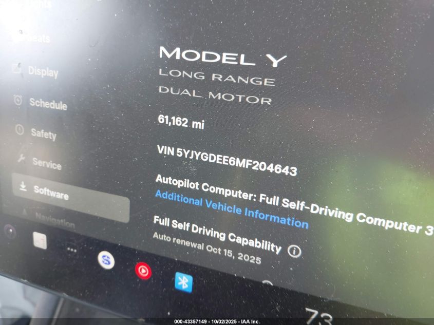 2021 Tesla Model Y Long Range Dual Motor All-Wheel Drive VIN: 5YJYGDEE6MF204643 Lot: 43357149