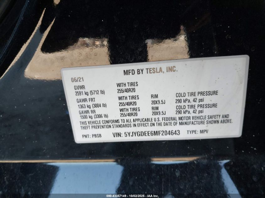 2021 Tesla Model Y Long Range Dual Motor All-Wheel Drive VIN: 5YJYGDEE6MF204643 Lot: 43357149