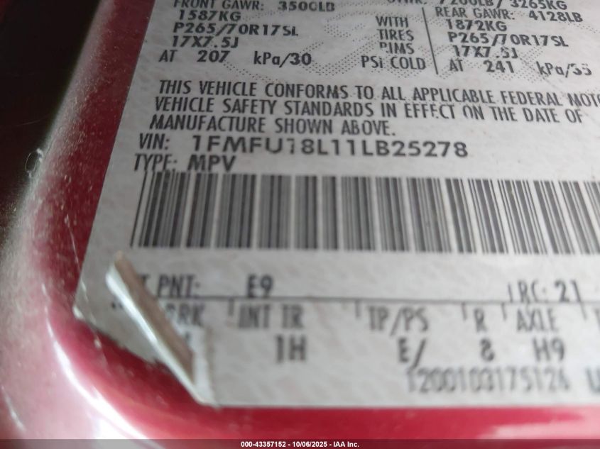 2001 Ford Expedition Eddie Bauer VIN: 1FMFU18L11LB25278 Lot: 43357152