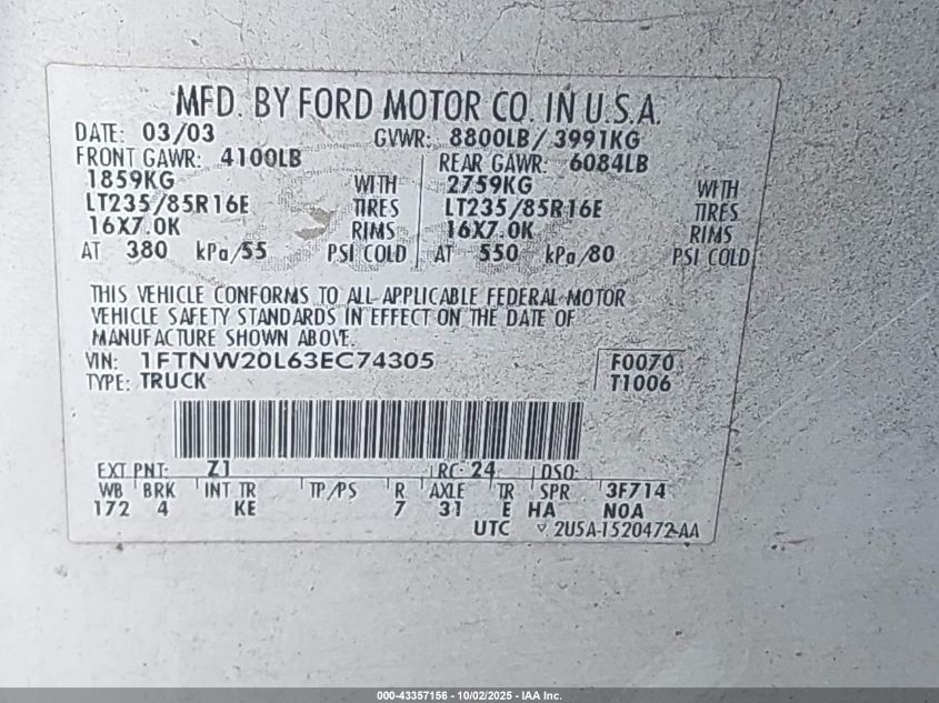 2003 Ford F-250 Lariat/Xl/Xlt VIN: 1FTNW20L63EC74305 Lot: 43357156