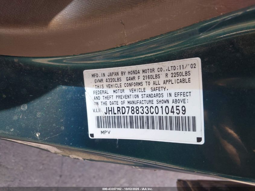 2003 Honda Cr-V Ex VIN: JHLRD78833C010459 Lot: 43357162