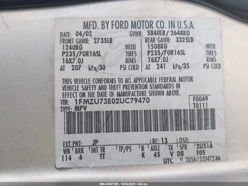 2002 Ford Explorer Xlt VIN: 1FMZU73E02UC79470 Lot: 43357169