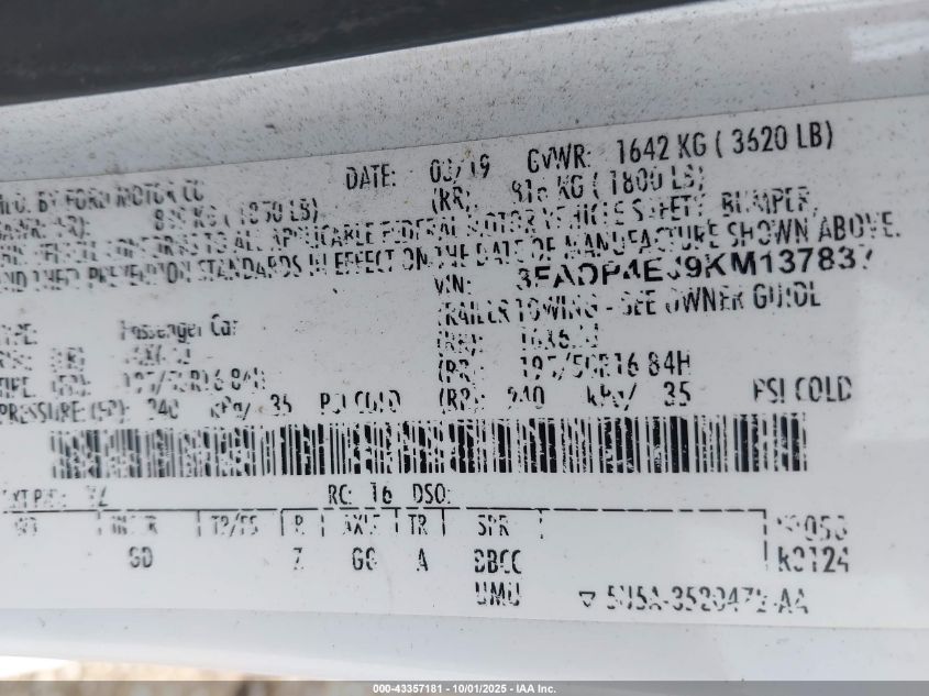 2019 Ford Fiesta Se VIN: 3FADP4EJ9KM137837 Lot: 43357181