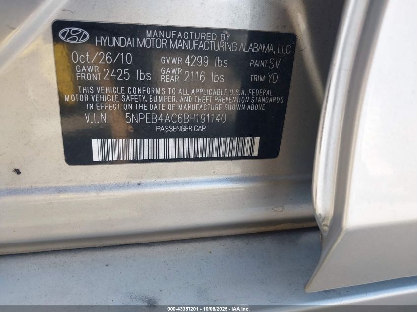 2011 Hyundai Sonata Gls VIN: 5NPEB4AC6BH191140 Lot: 43357201