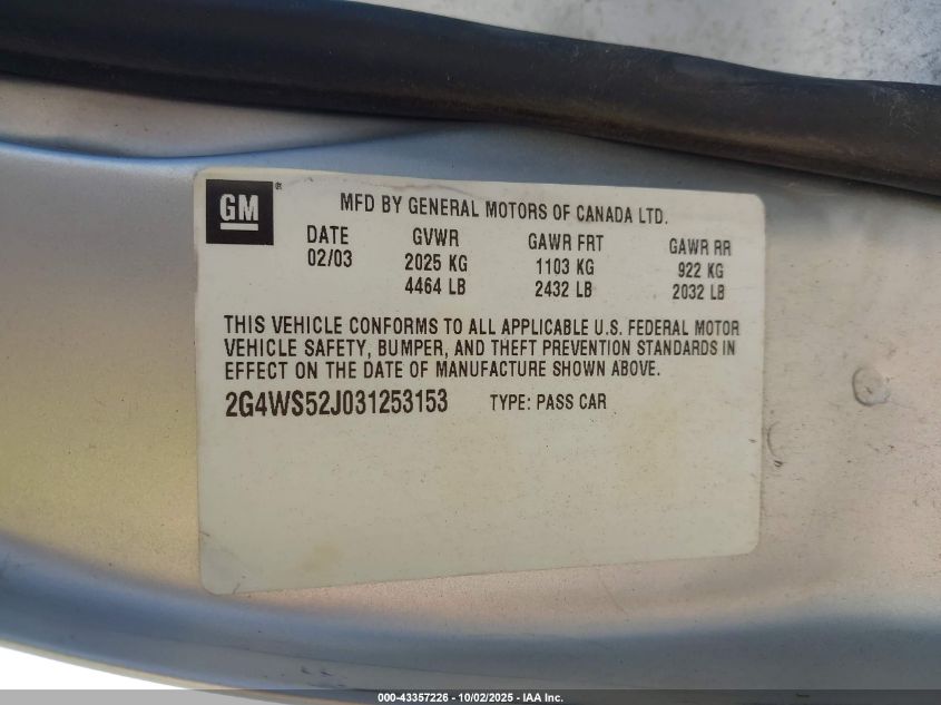 2003 Buick Century Custom VIN: 2G4WS52J031253153 Lot: 43357226