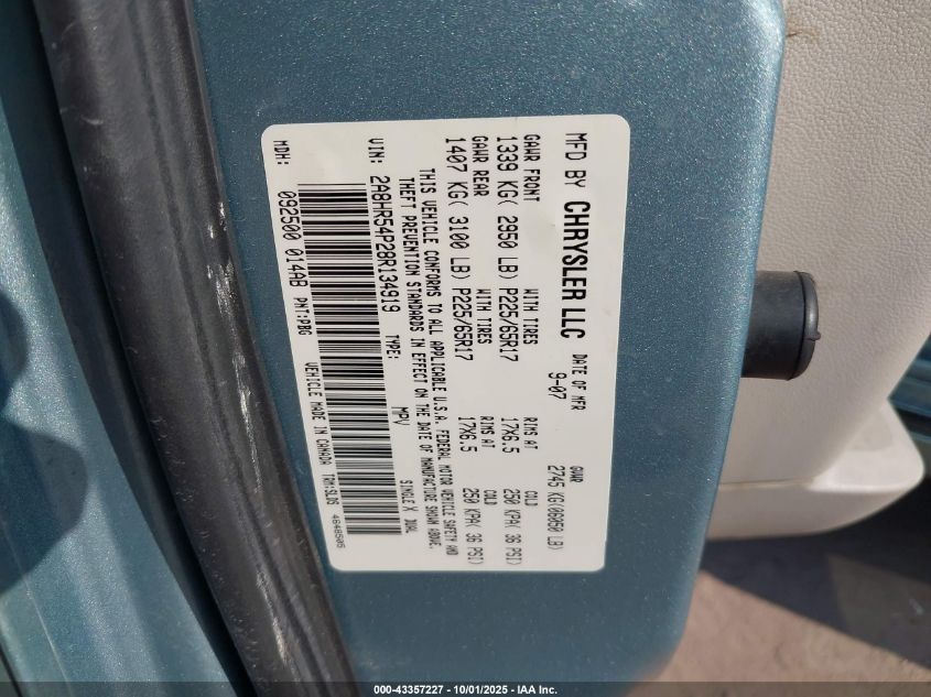 2008 Chrysler Town & Country Touring VIN: 2A8HR54P28R134919 Lot: 43357227