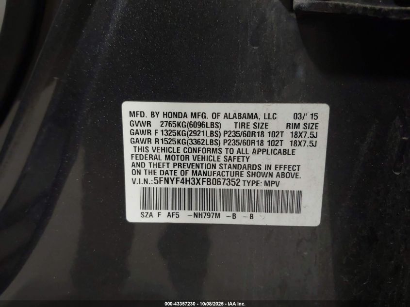 2015 Honda Pilot Se VIN: 5FNYF4H3XFB067352 Lot: 43357230