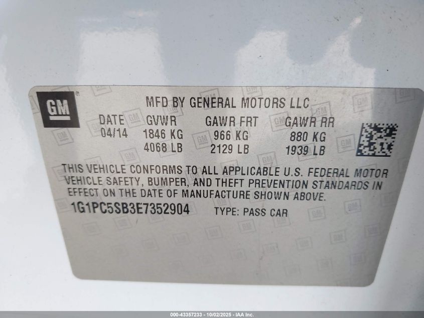 2014 Chevrolet Cruze 1Lt Auto VIN: 1G1PC5SB3E7352904 Lot: 43357233