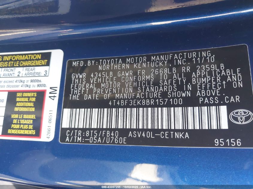 2011 Toyota Camry Le VIN: 4T4BF3EK8BR157100 Lot: 43357255