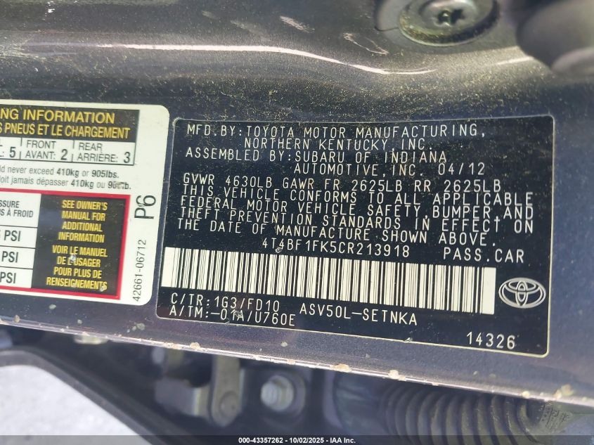 2012 Toyota Camry Le VIN: 4T4BF1FK5CR213918 Lot: 43357262