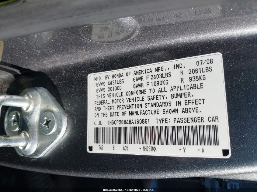 2008 Honda Accord 2.4 Ex-L VIN: 1HGCP26848A160861 Lot: 43357264