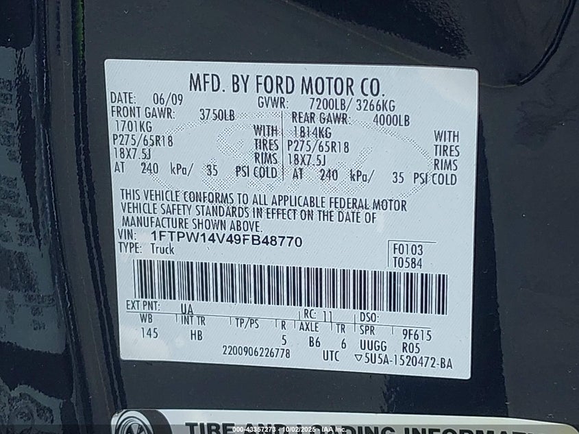 2009 Ford F-150 Fx4/King Ranch/Lariat/Platinum/Xl/Xlt VIN: 1FTPW14V49FB48770 Lot: 43357273