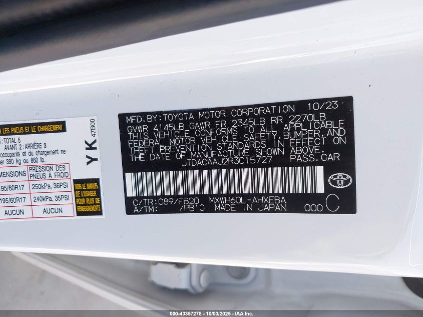 2024 Toyota Prius Le VIN: JTDACAAU2R3015727 Lot: 43357278