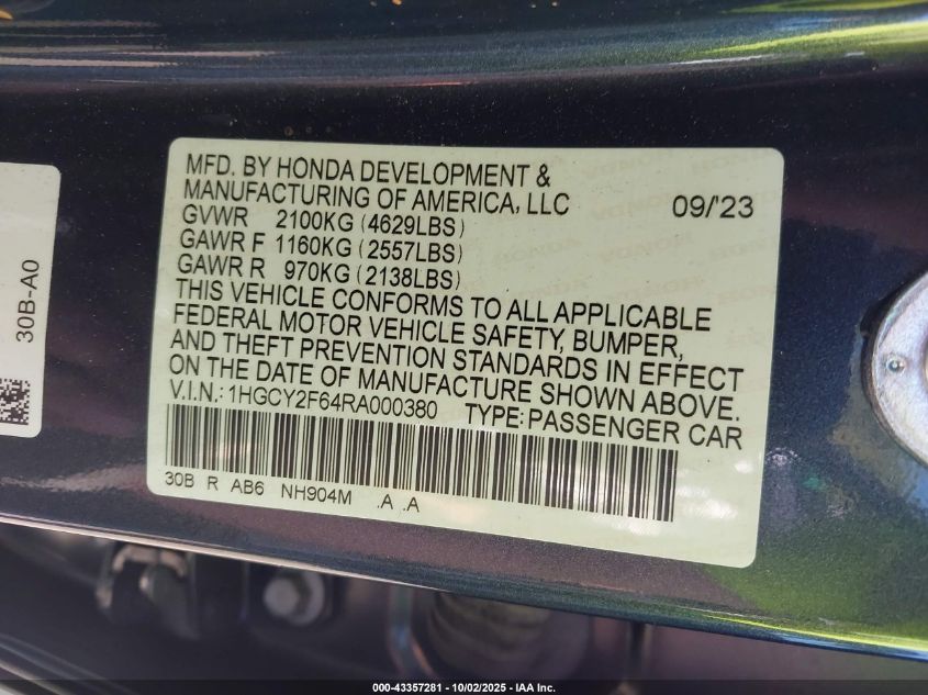 2024 Honda Accord Hybrid Ex-L VIN: 1HGCY2F64RA000380 Lot: 43357281