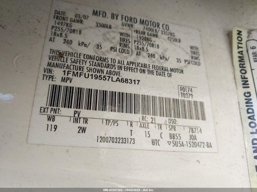 2007 Ford Expedition Limited VIN: 1FMFU19557LA68317 Lot: 43357282