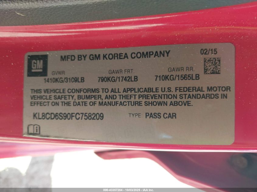 2015 Chevrolet Spark 1Lt Cvt VIN: KL8CD6S90FC758209 Lot: 43357284