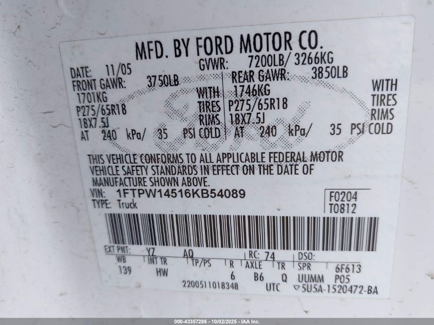 2006 Ford F-150 Fx4/Lariat/Xlt VIN: 1FTPW14516KB54089 Lot: 43357286