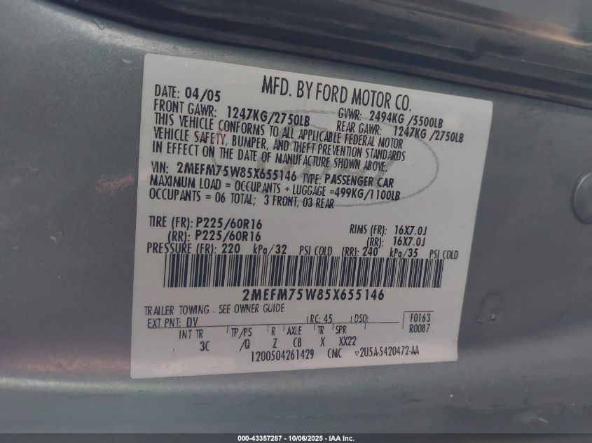 2005 Mercury Grand Marquis Ls/Lse VIN: 2MEFM75W85X655146 Lot: 43357287