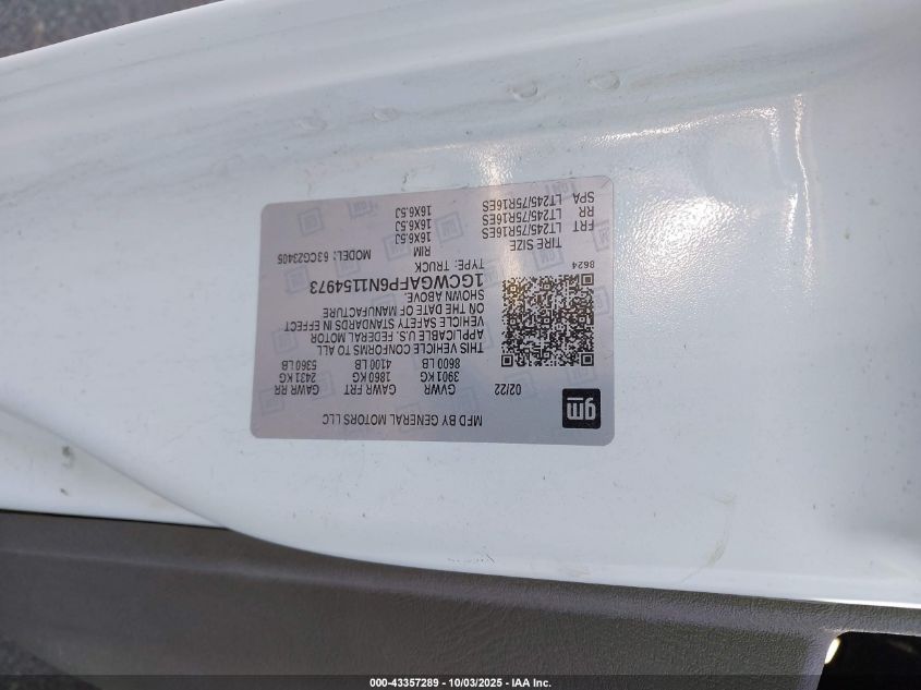 2022 Chevrolet Express Cargo Rwd 2500 Regular Wheelbase Wt VIN: 1GCWGAFP6N1154973 Lot: 43357289