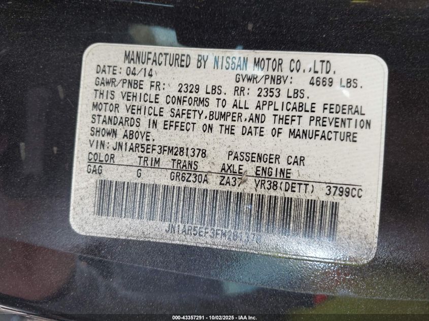 2015 Nissan Gt-R Black Edition/Nismo/Premium/Track Edition VIN: JN1AR5EF3FM281378 Lot: 43357291