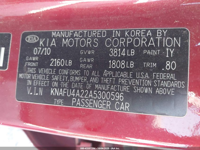 2010 Kia Forte Ex VIN: KNAFU4A22A5300596 Lot: 43357294