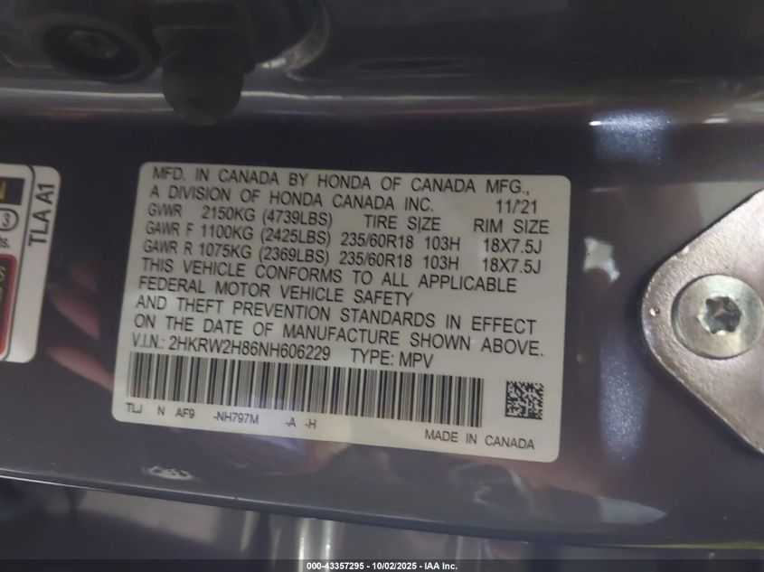 2022 Honda Cr-V Awd Ex-L VIN: 2HKRW2H86NH606229 Lot: 43357295
