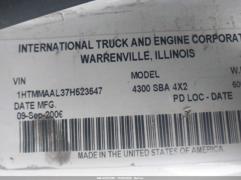 2007 International 4000 4300 VIN: 1HTMMAAL37H523547 Lot: 43357299