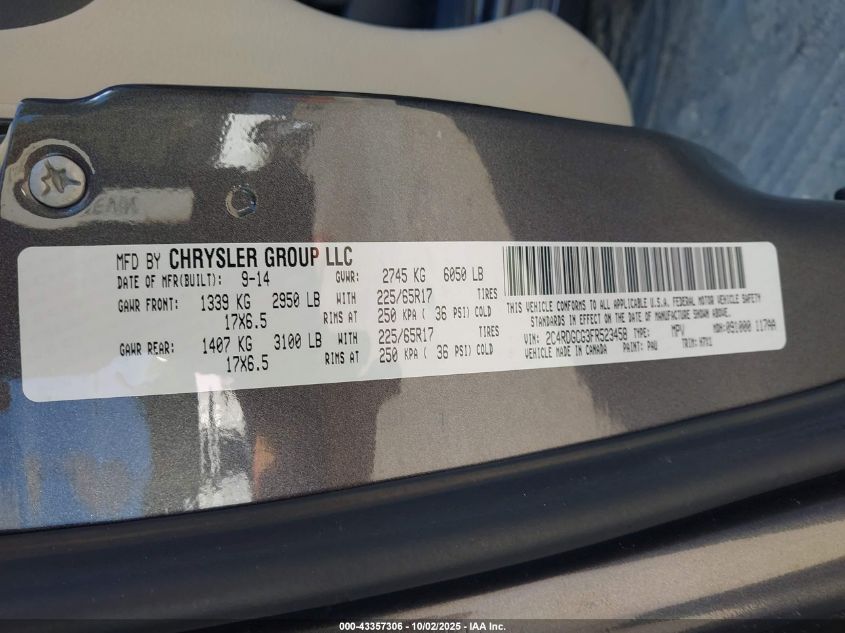 2015 Dodge Grand Caravan Sxt VIN: 2C4RDGCG3FR523458 Lot: 43357306