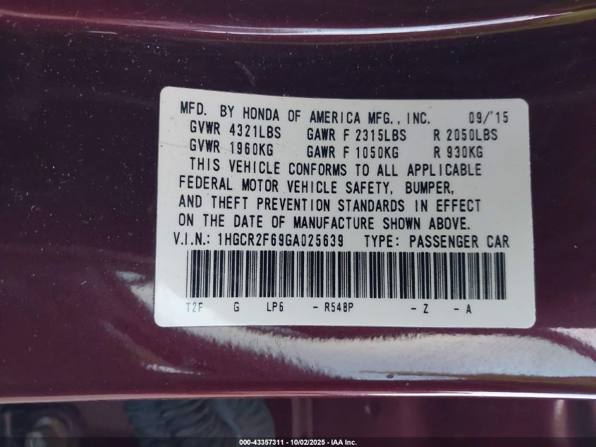 2016 Honda Accord Sport VIN: 1HGCR2F69GA025639 Lot: 43357311