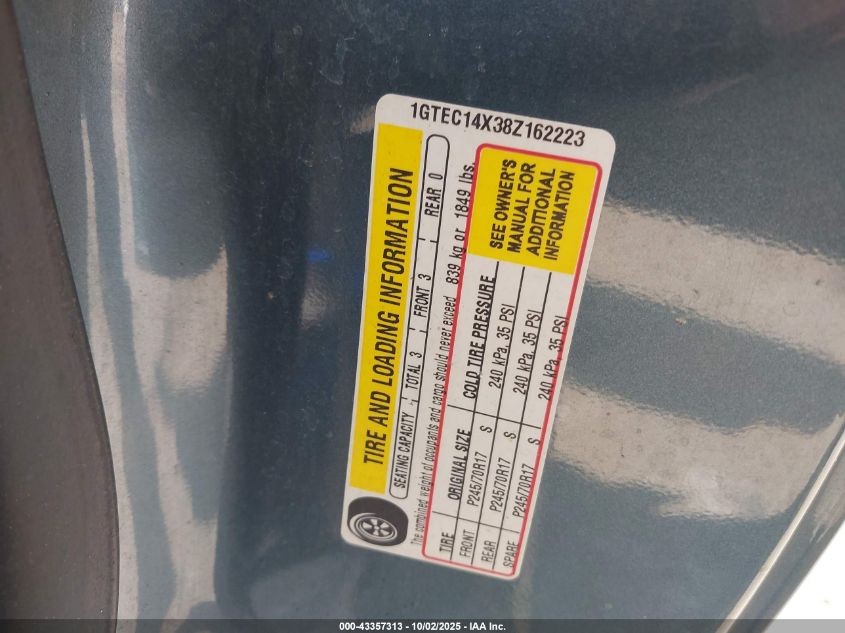 2008 GMC Sierra 1500 Work Truck VIN: 1GTEC14X38Z162223 Lot: 43357313