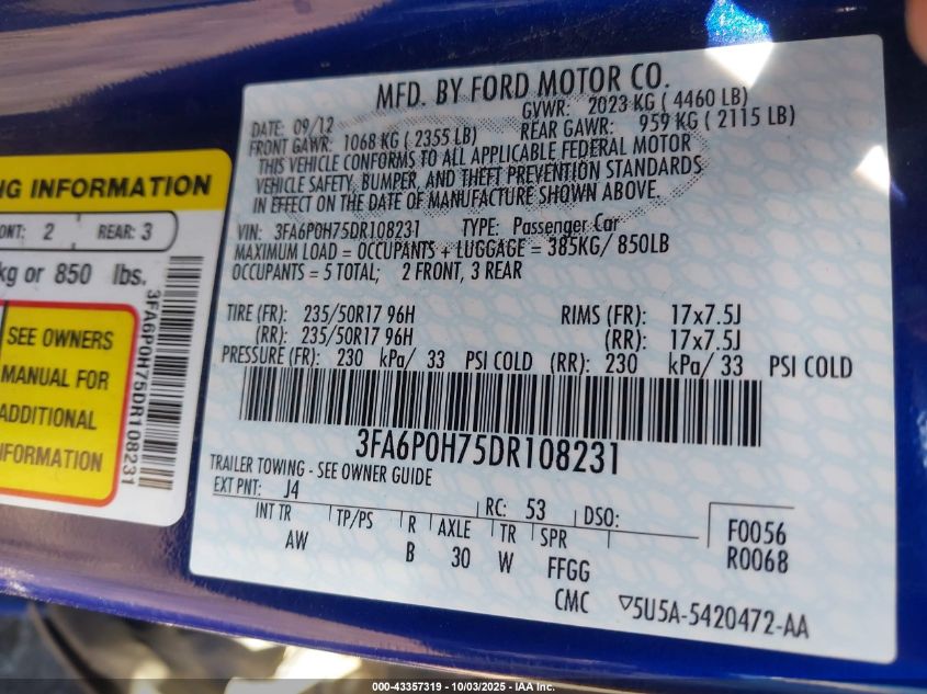 2013 Ford Fusion Se VIN: 3FA6P0H75DR108231 Lot: 43357319