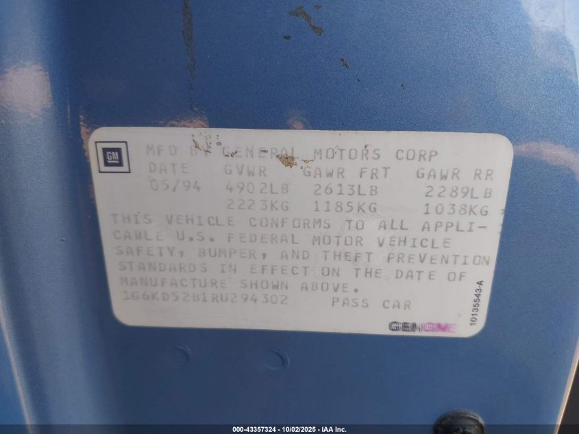 1994 Cadillac Deville VIN: 1G6KD52B1RU294302 Lot: 43357324