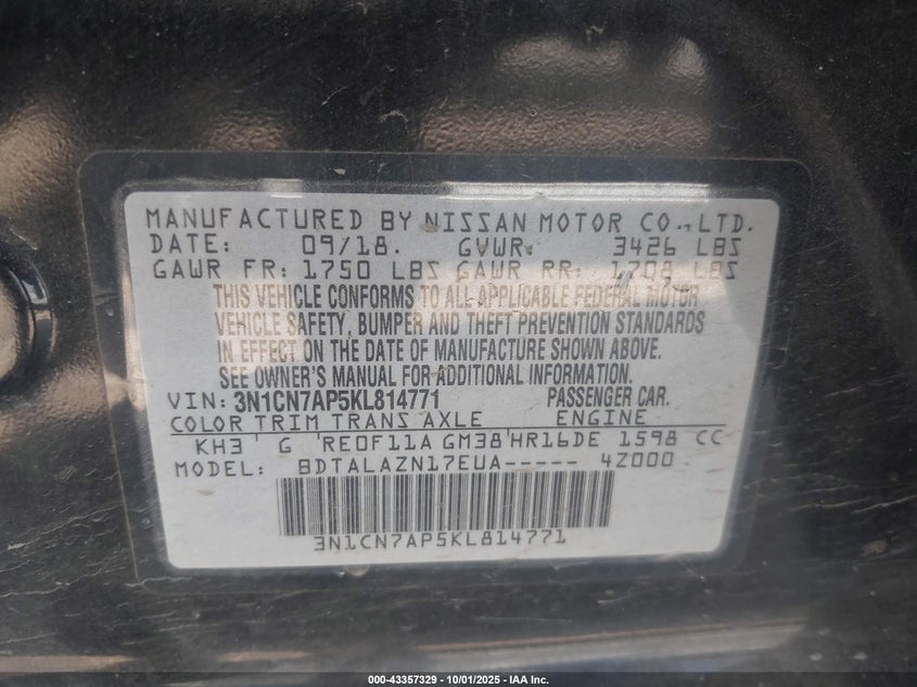 2019 NISSAN VERSA 1.6 S+ - 3N1CN7AP5KL814771